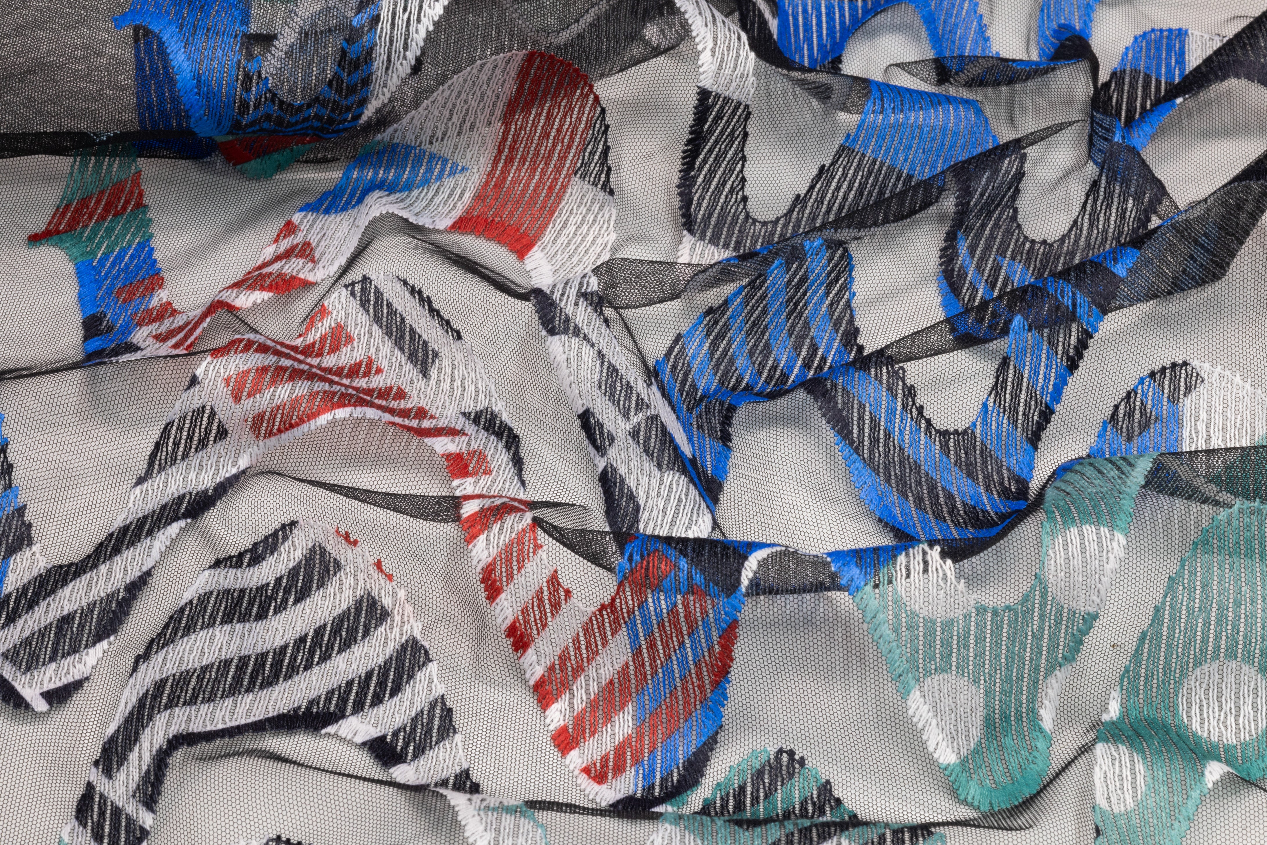 Abstract Geometric Italian Embroidered Tulle - Black / Multicolor