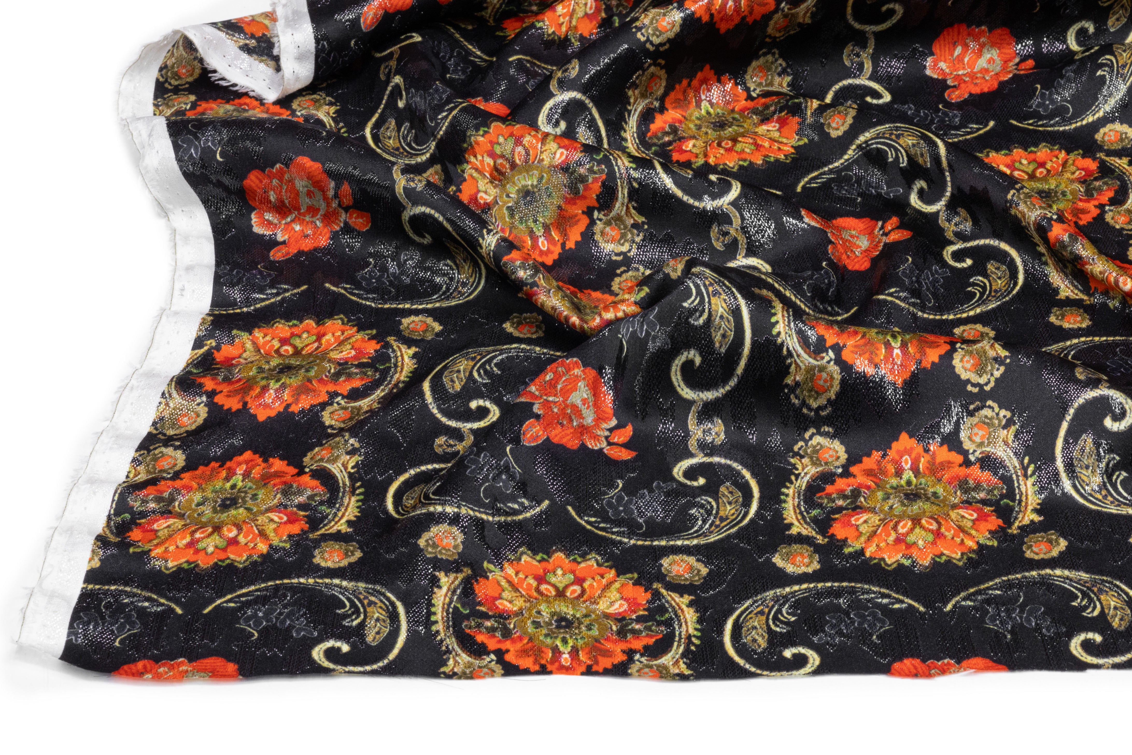 Printed Metallic Italian Silk Jacquard - Black / Red / Gold