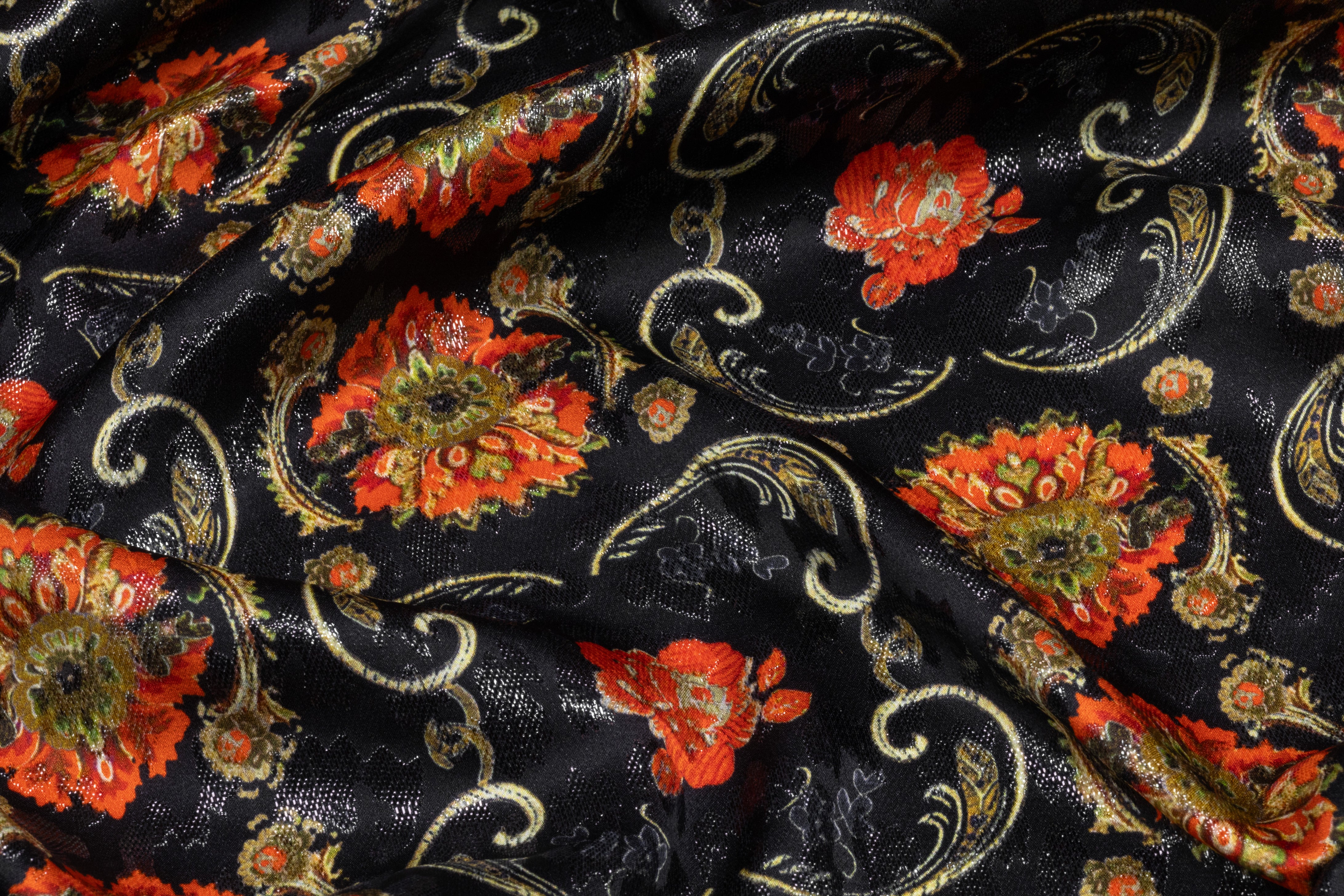 Printed Metallic Italian Silk Jacquard - Black / Red / Gold