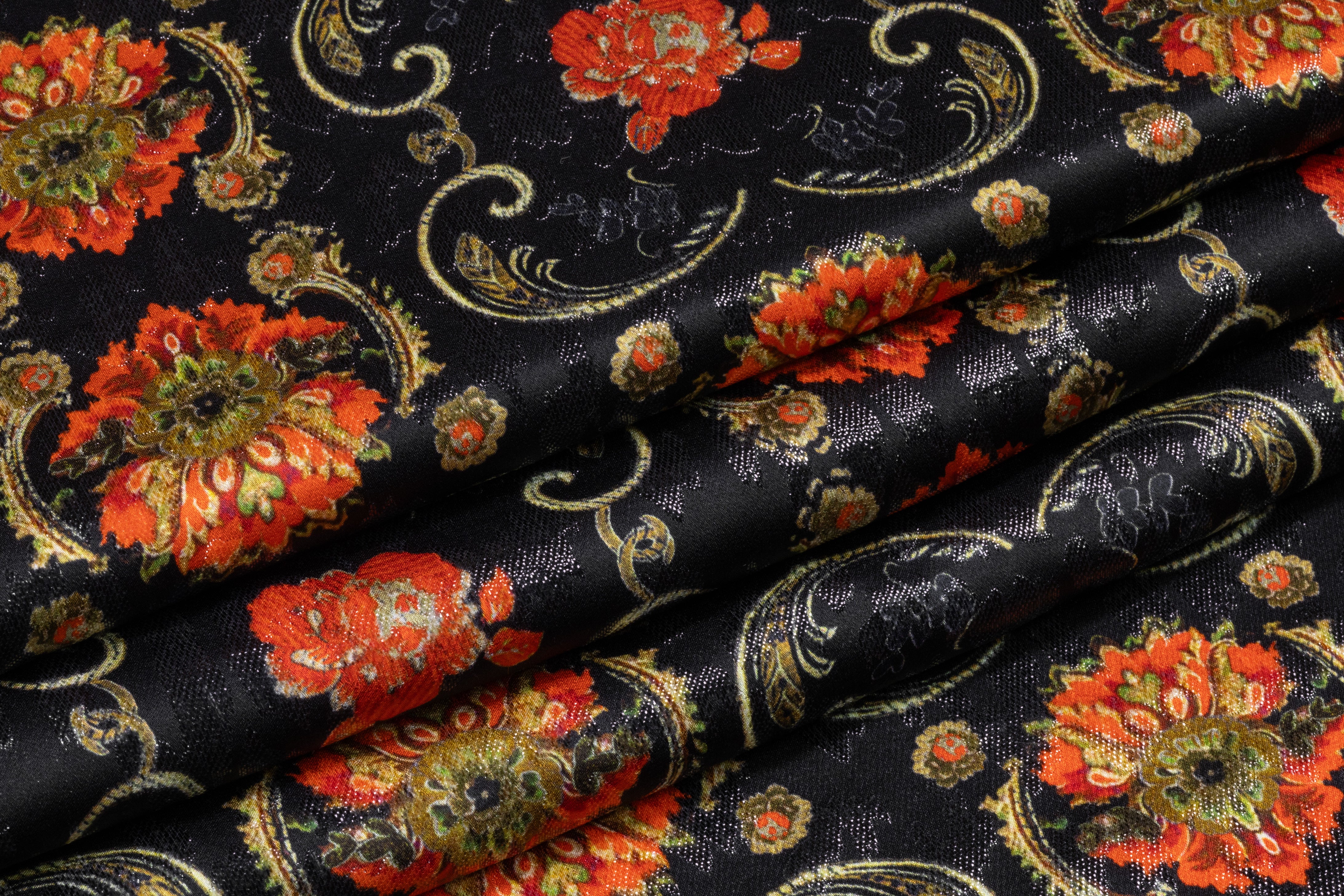 Printed Metallic Italian Silk Jacquard - Black / Red / Gold