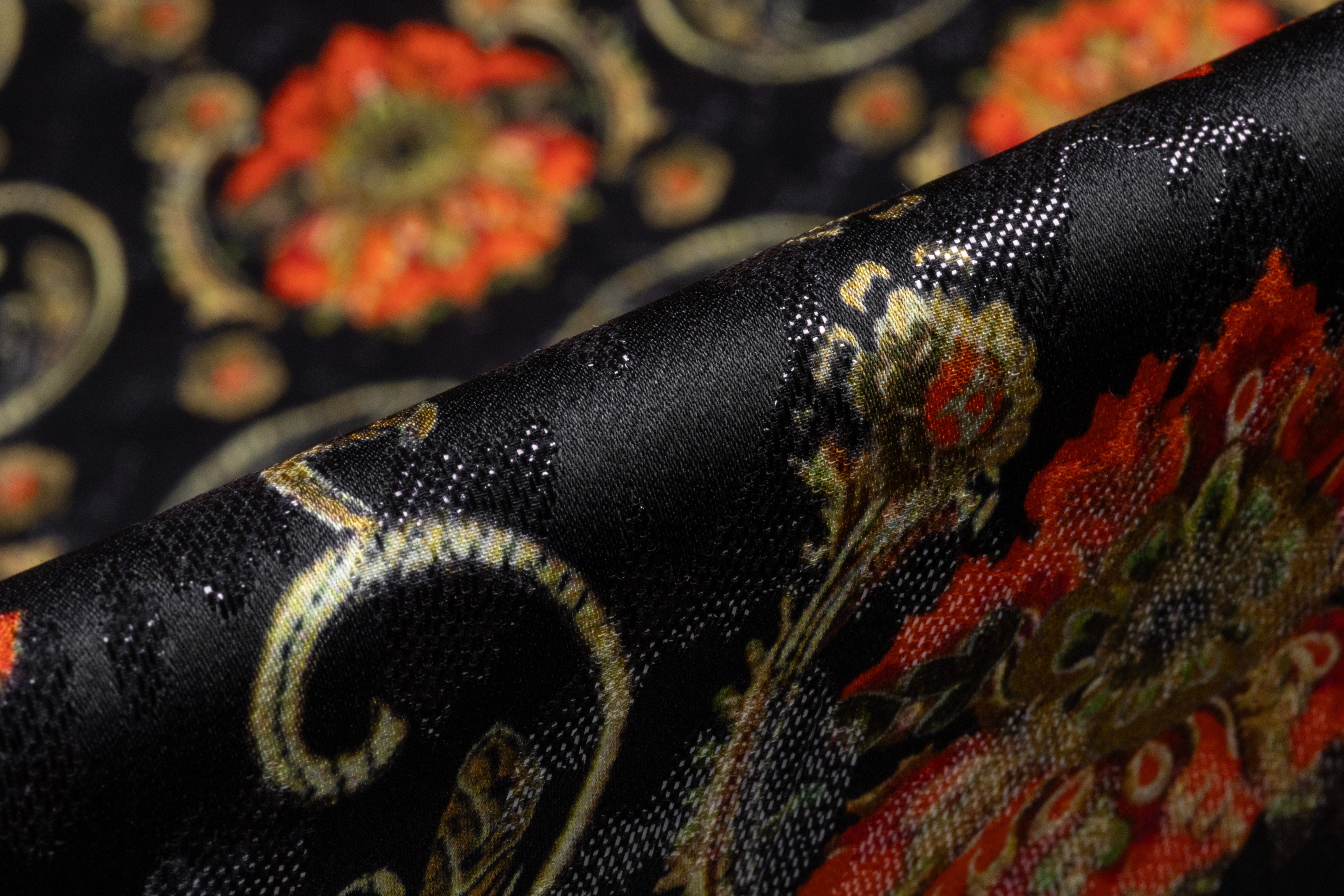 Printed Metallic Italian Silk Jacquard - Black / Red / Gold