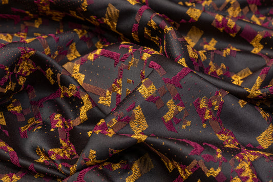 Abstract Satin Brocade - Burgundy / Yellow