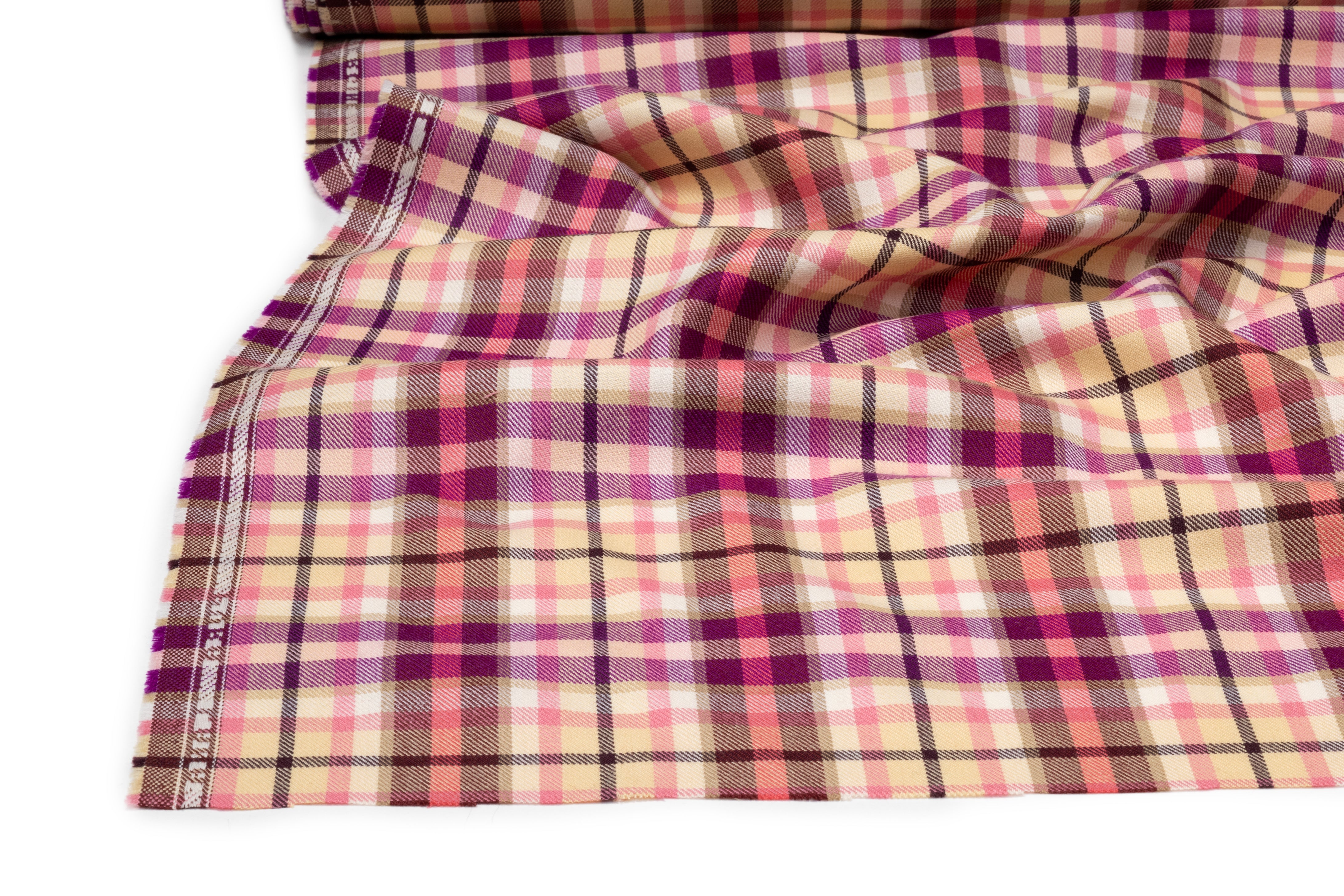Plaid Italian Wool Suiting - Deep Plum / Pink / Cream