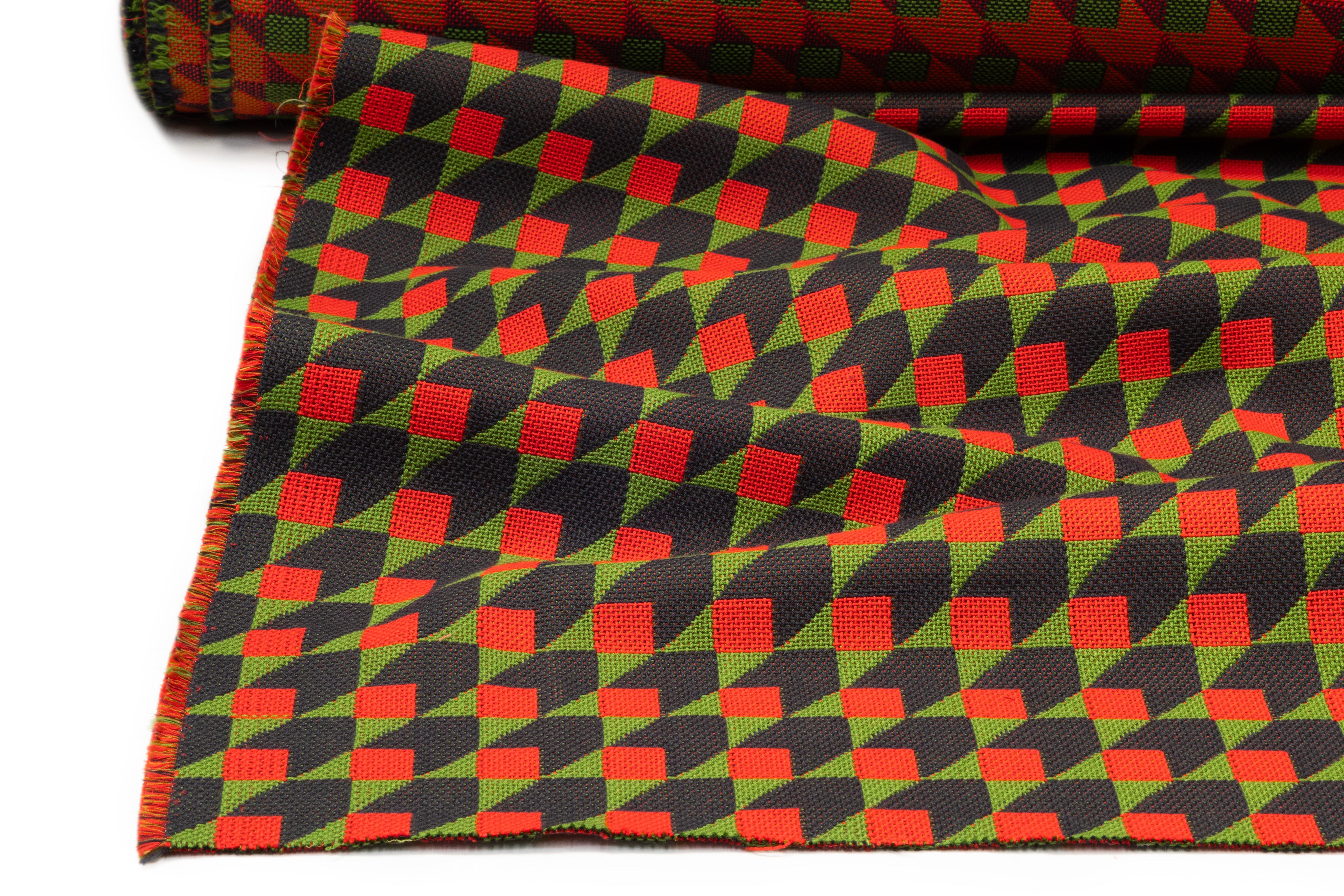 Geometric Italian Cotton Brocade - Red / Green / Navy