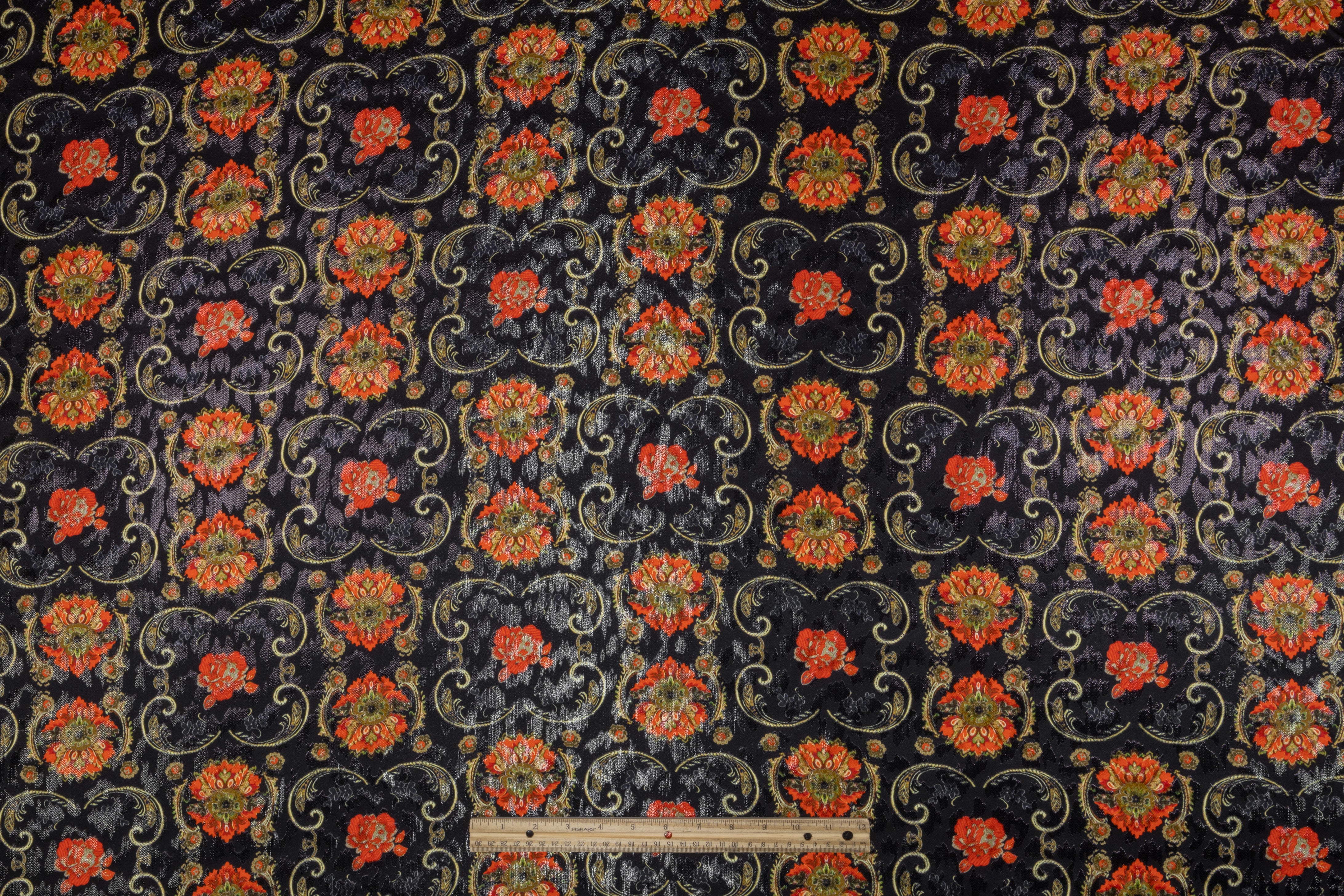 Printed Metallic Italian Silk Jacquard - Black / Red / Gold