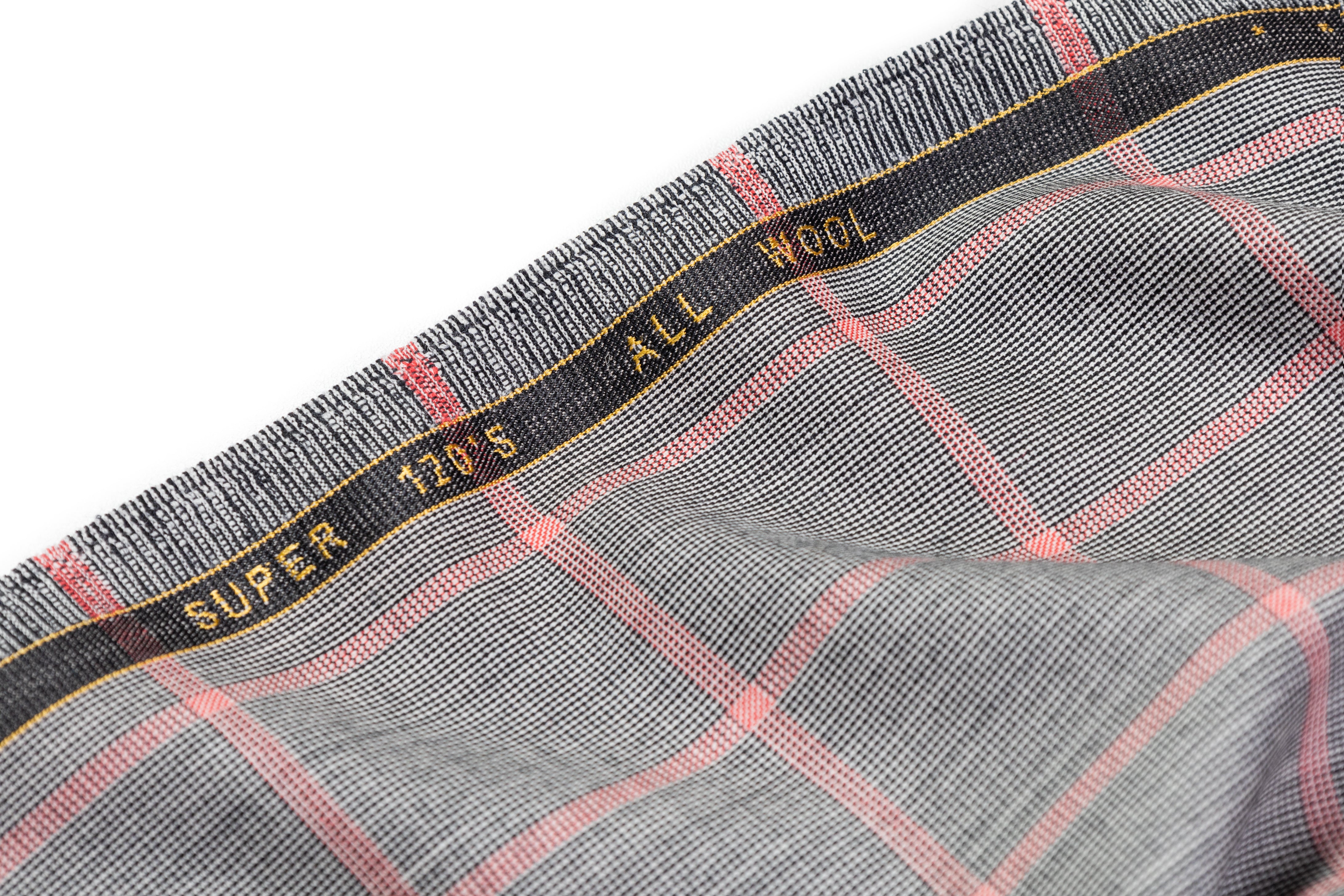 Checked Italian Super 120s Italian Wool Suiting - Gray / Pink
