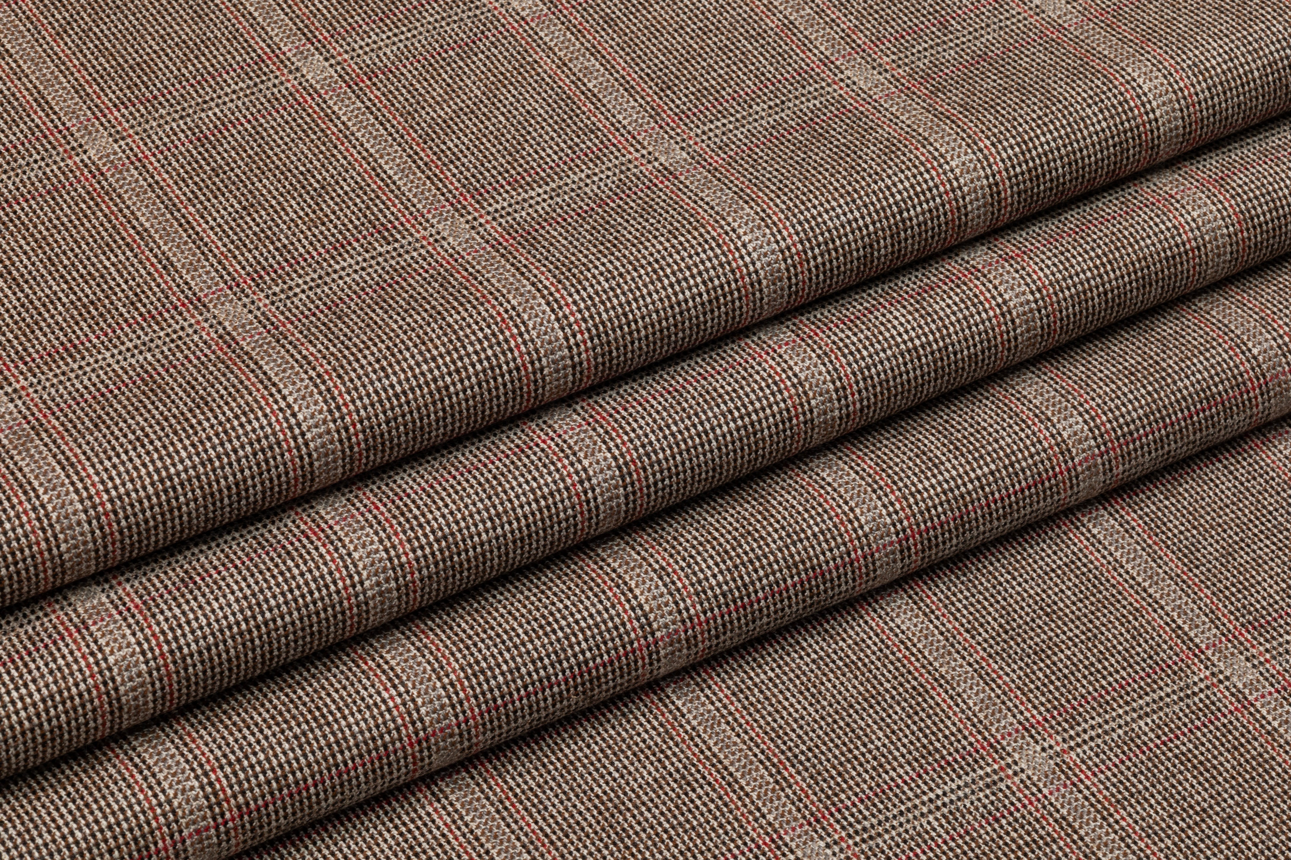 Checked Italian Wool Suiting - Taupe Brown / Red