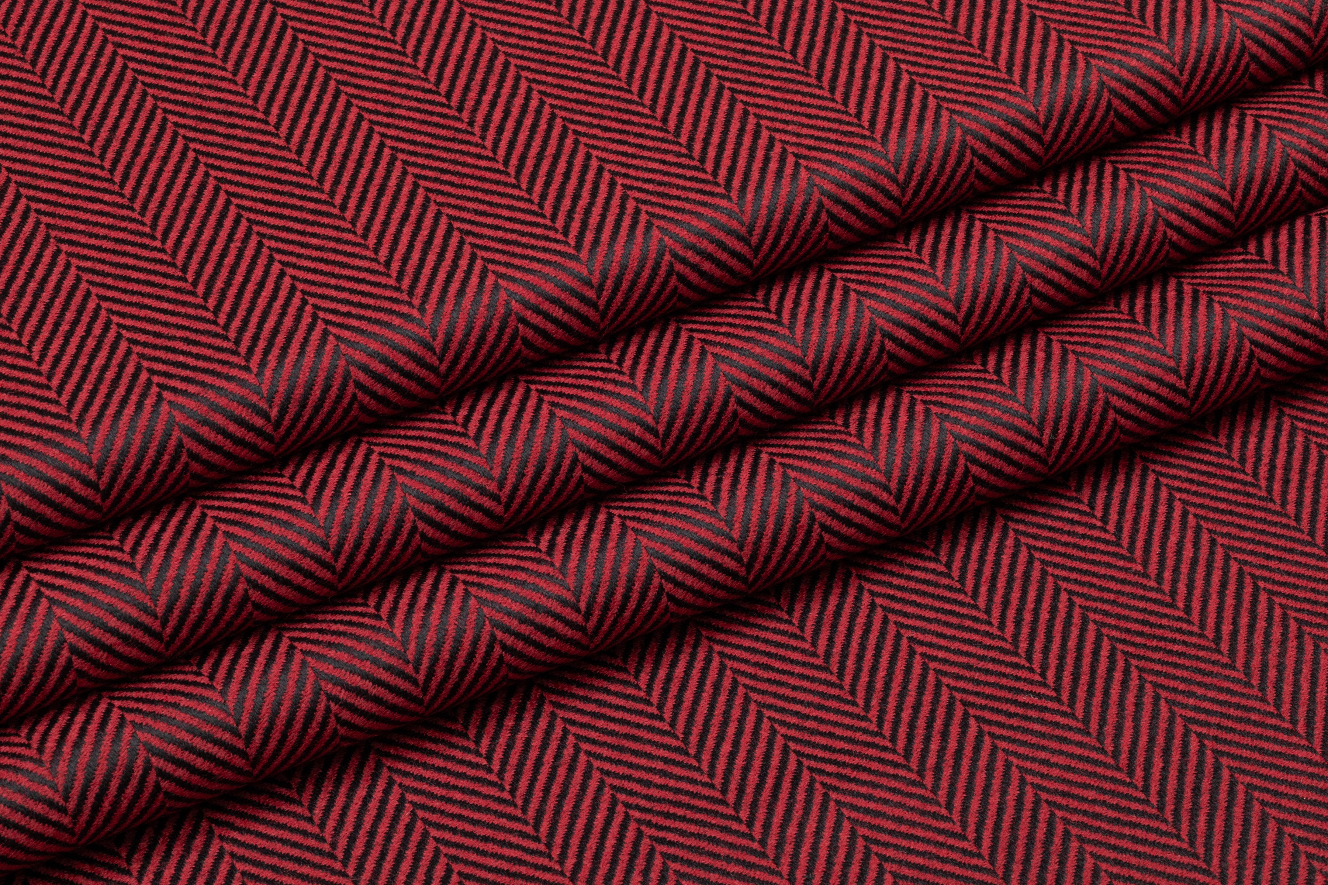 Herringbone Italian Wool Suiting - Red / Black
