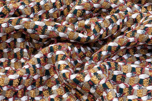 Metallic Poly Cotton Tweed - Gold / Burgundy / Green / White