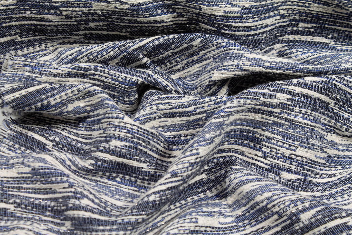 Metallic Poly Cotton Tweed - Blue, White, Silver