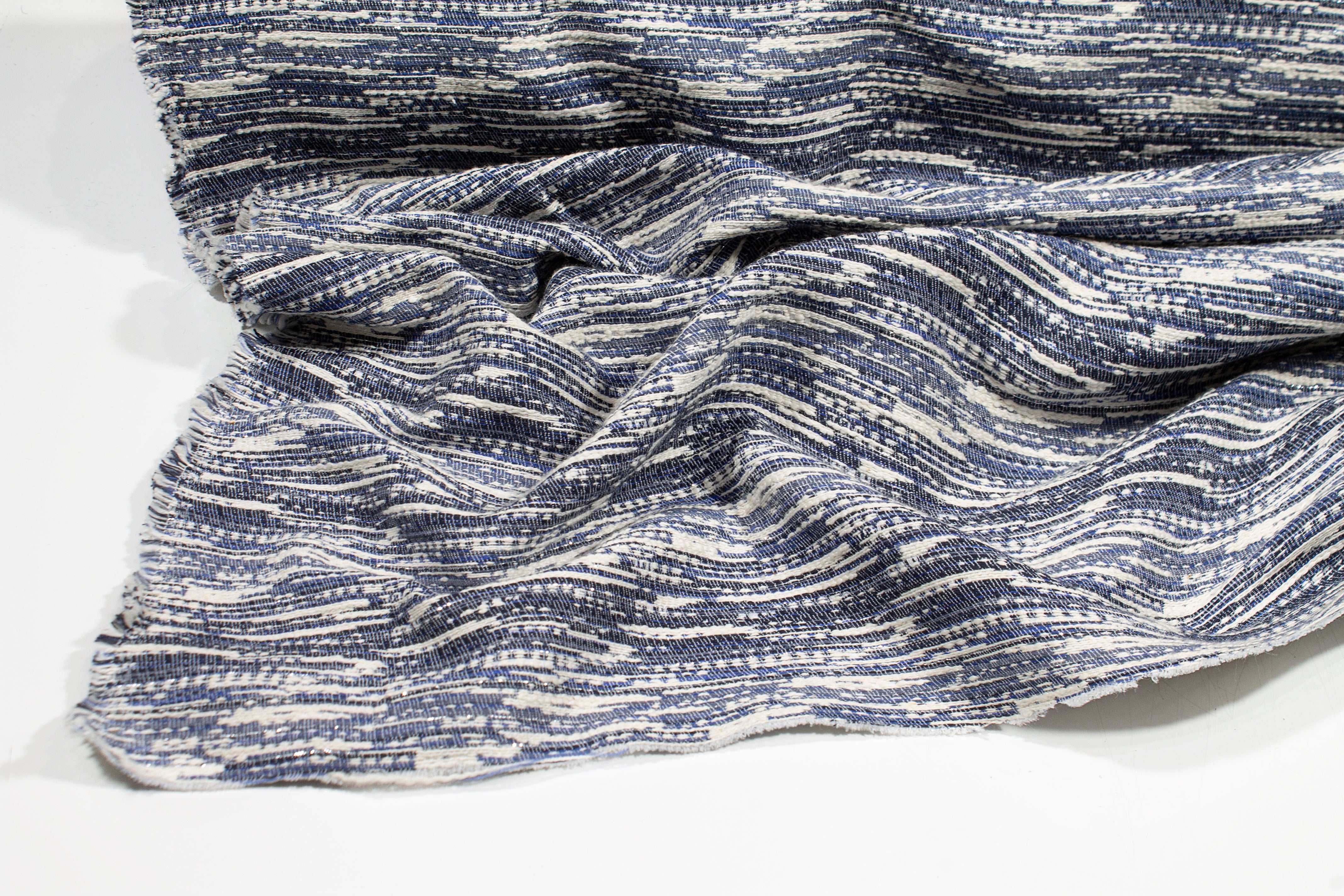 Metallic Poly Cotton Brocade - Blue, White, Silver