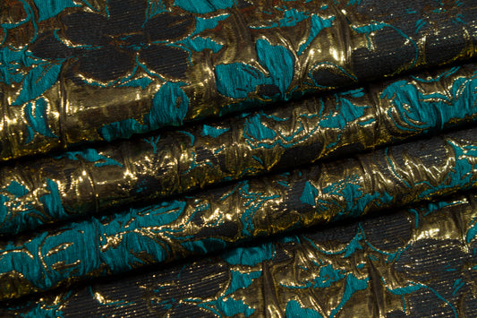 Floral Crushed Metallic Brocade - Teal Green and Gold