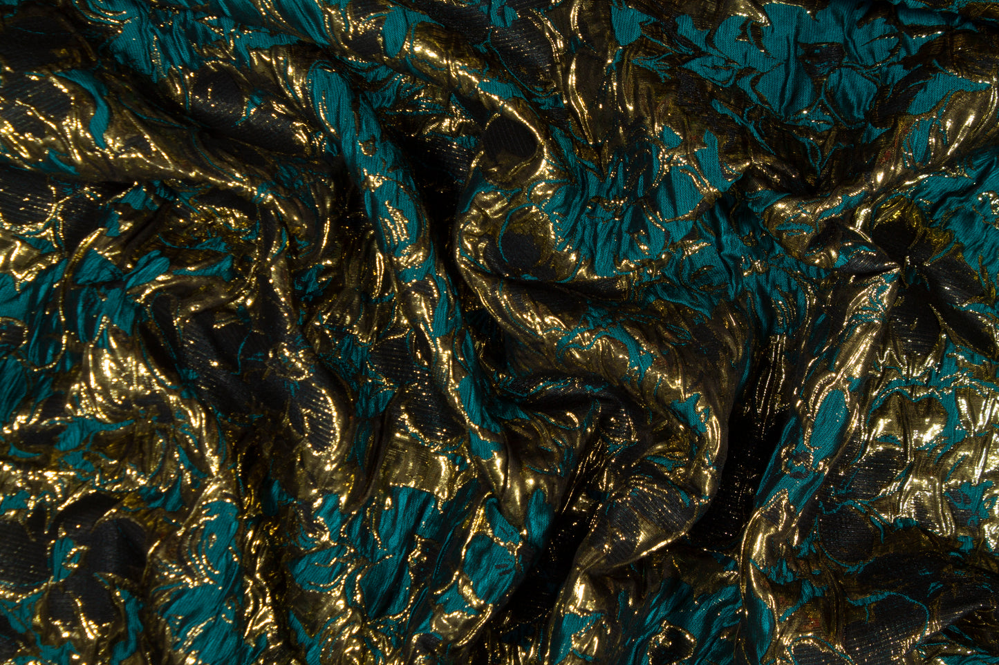 Floral Crushed Metallic Brocade - Teal Green and Gold