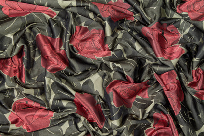 Floral  Brocade - Army Green and Burgundy