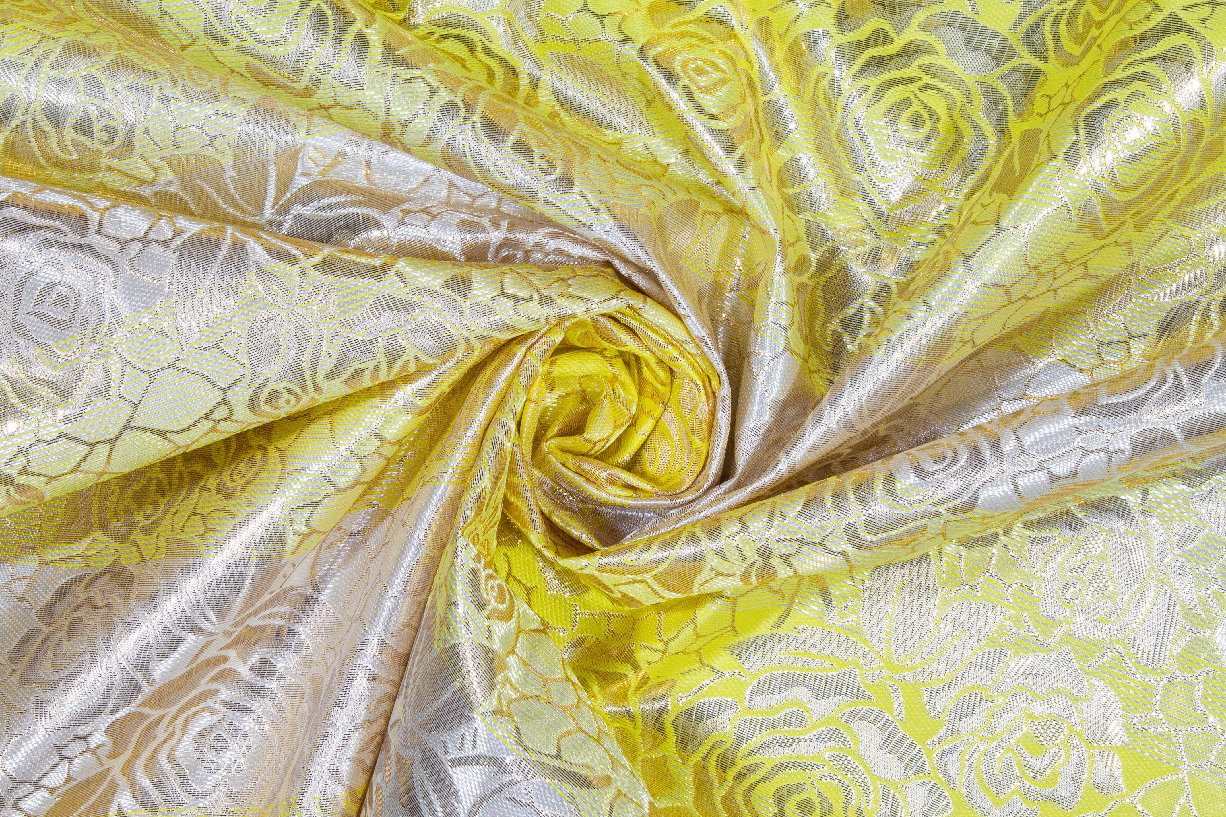 Floral Metallic Striped Brocade - Yellow / Silver