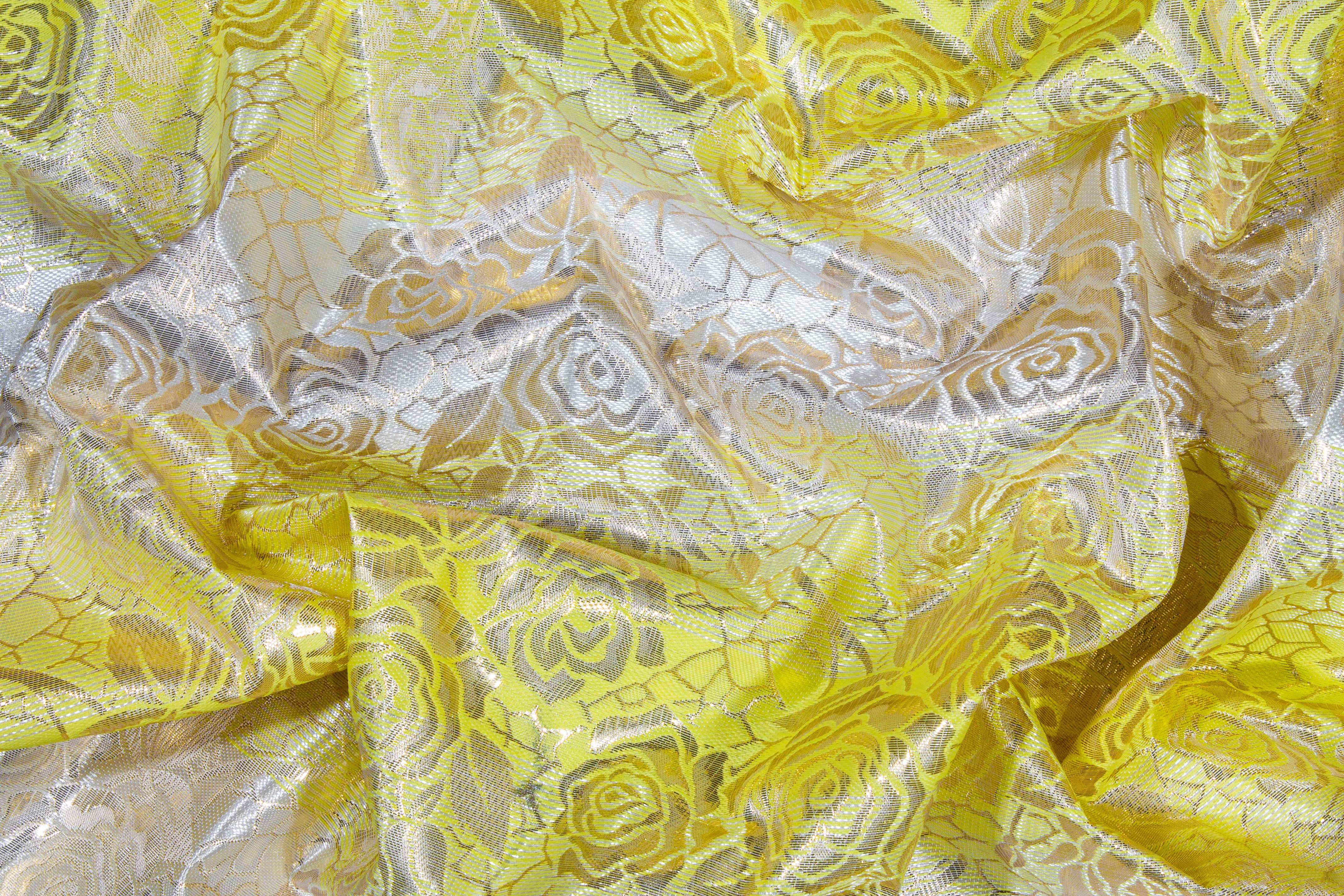 Floral Metallic Striped Brocade - Yellow / Silver
