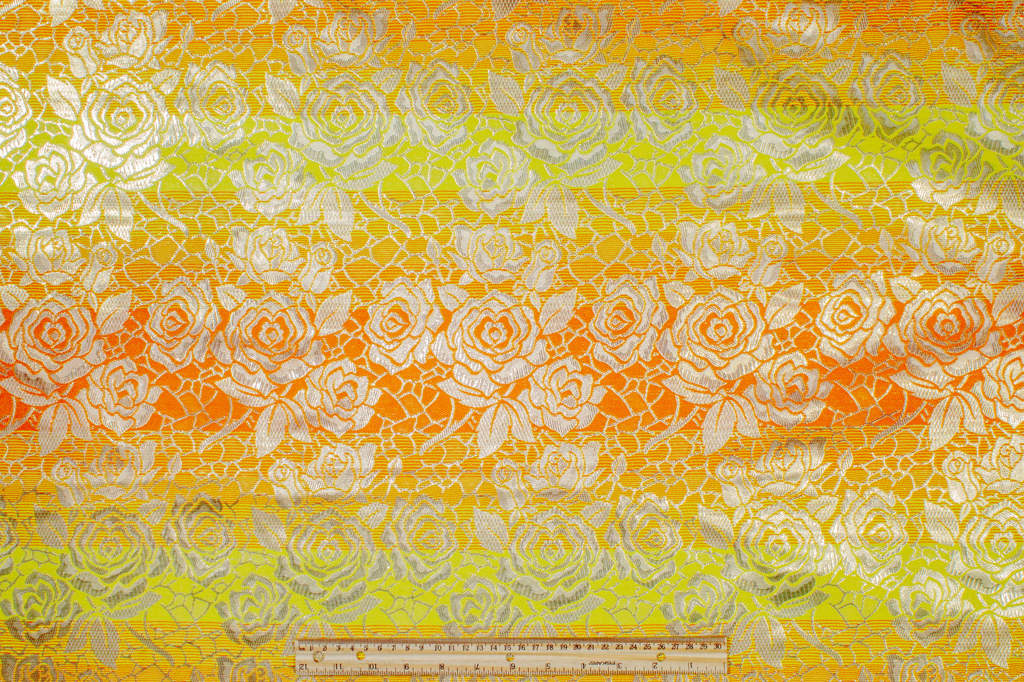 Floral Metallic Striped Brocade - Orange / Yellow