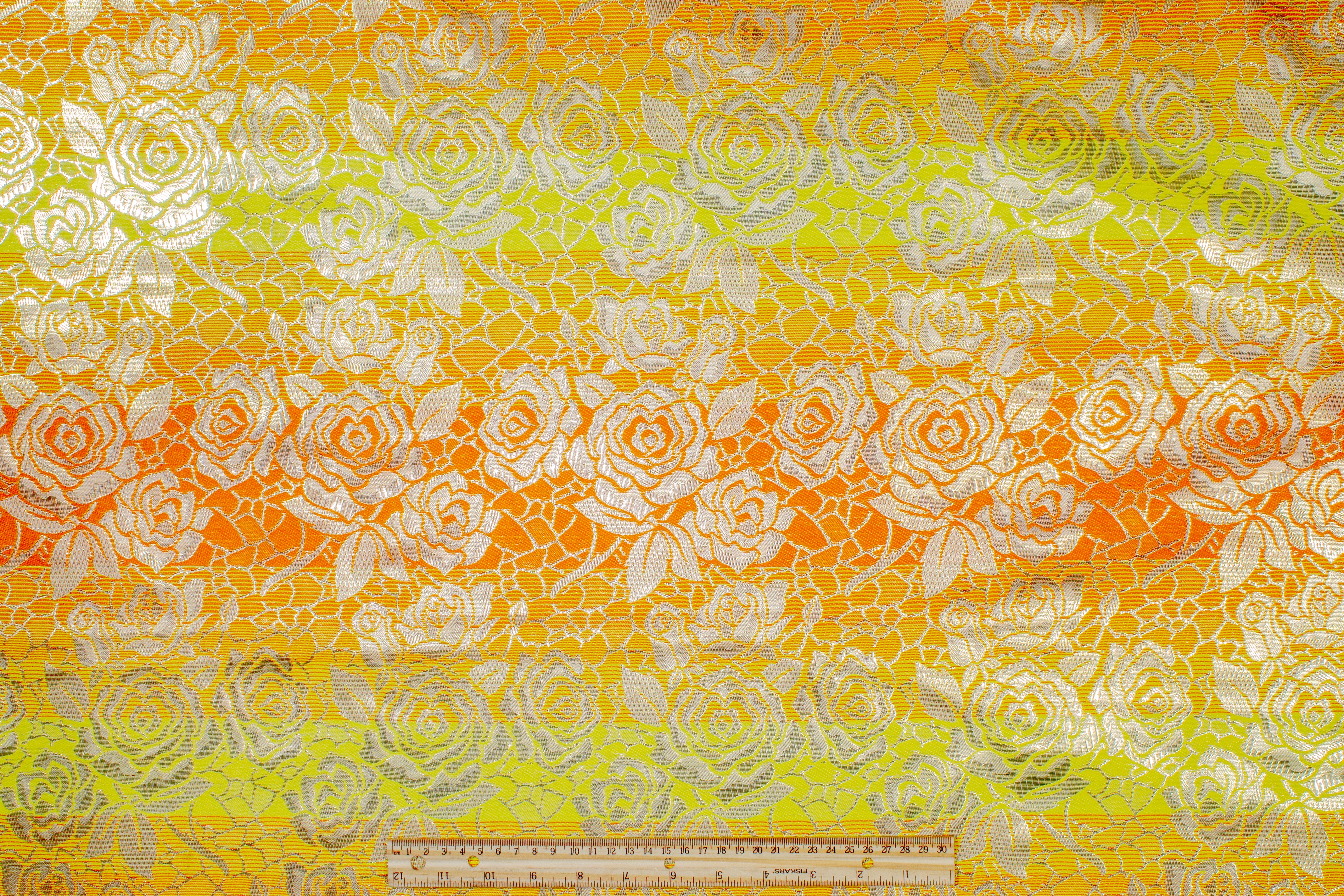 Floral Metallic Striped Brocade - Orange / Yellow