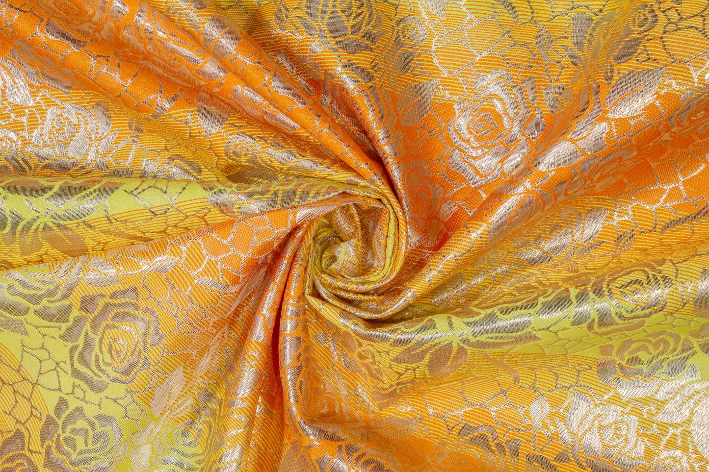 Floral Metallic Striped Brocade - Orange / Yellow