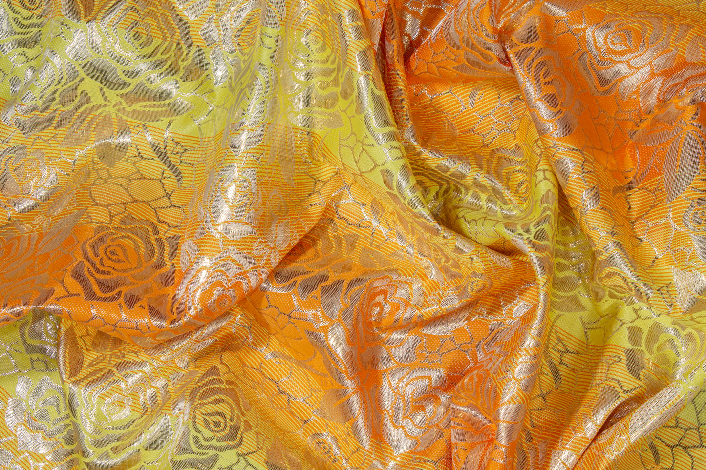 Floral Metallic Striped Brocade - Orange / Yellow