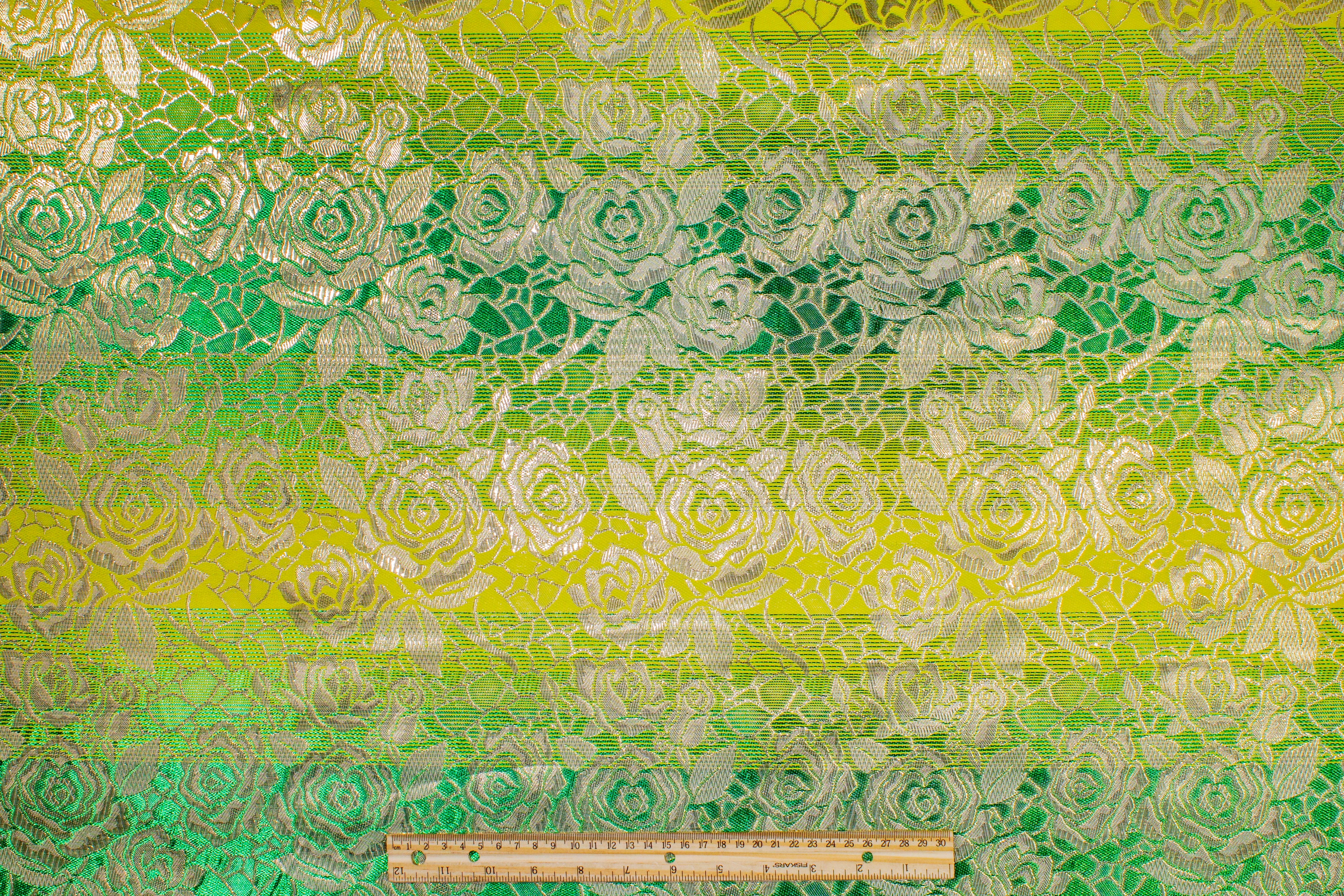 Floral Metallic Striped Brocade - Green / Yellow