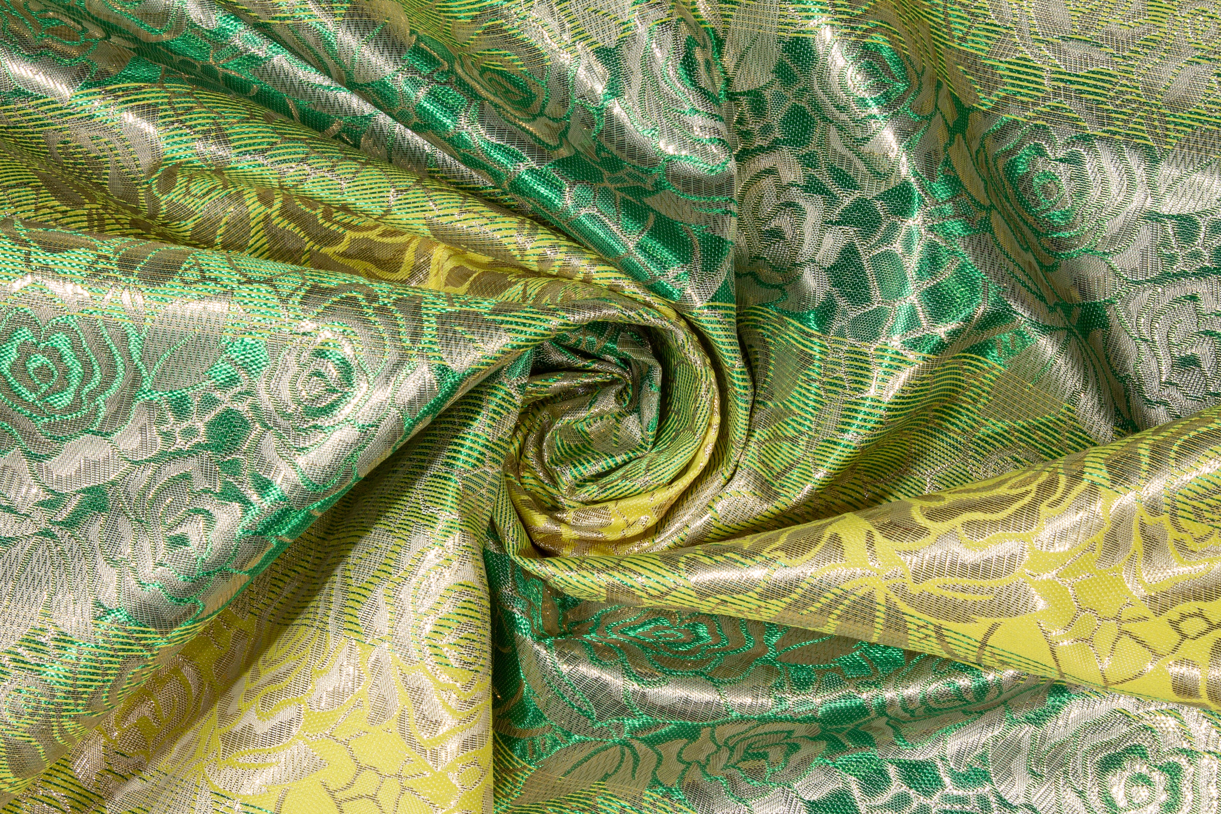 Floral Metallic Striped Brocade - Green / Yellow