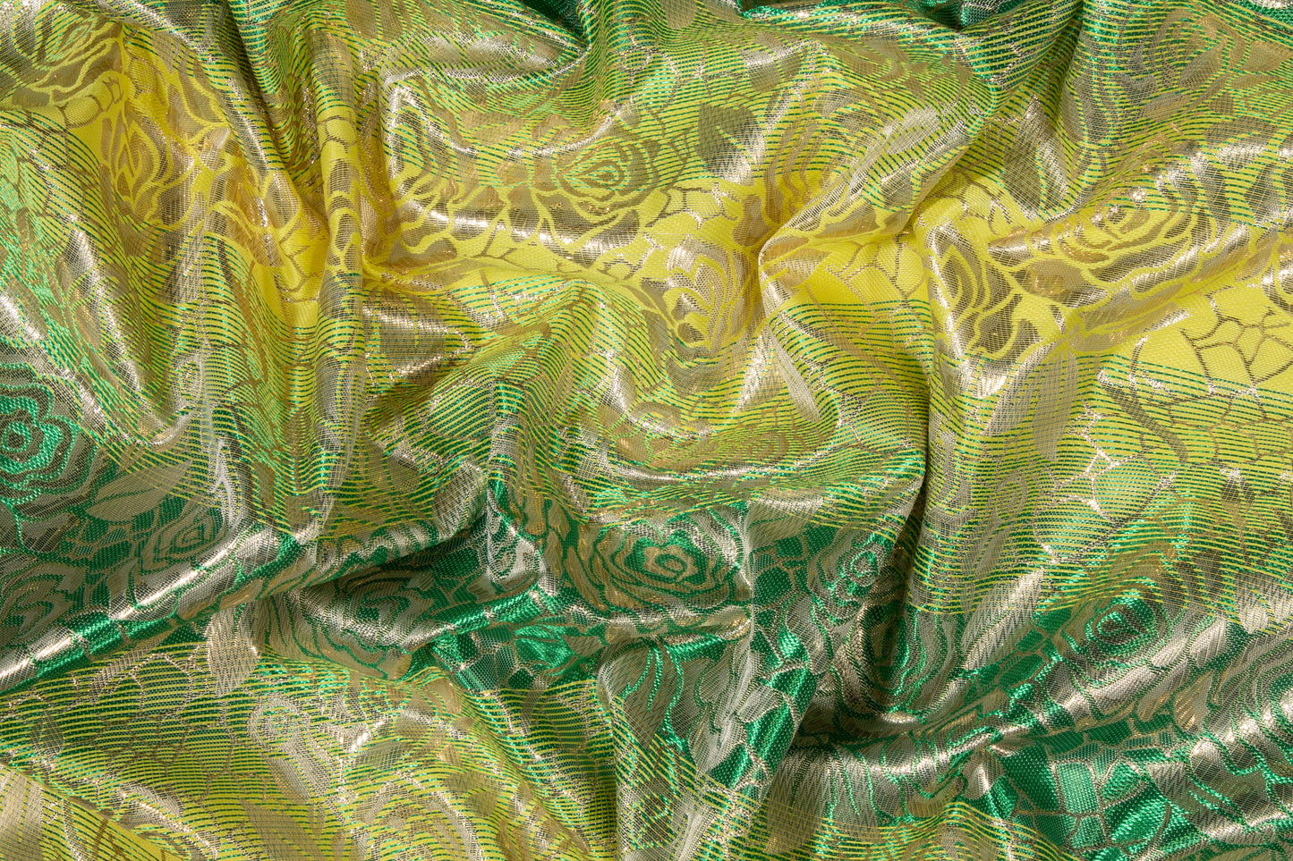 Floral Metallic Striped Brocade - Green / Yellow