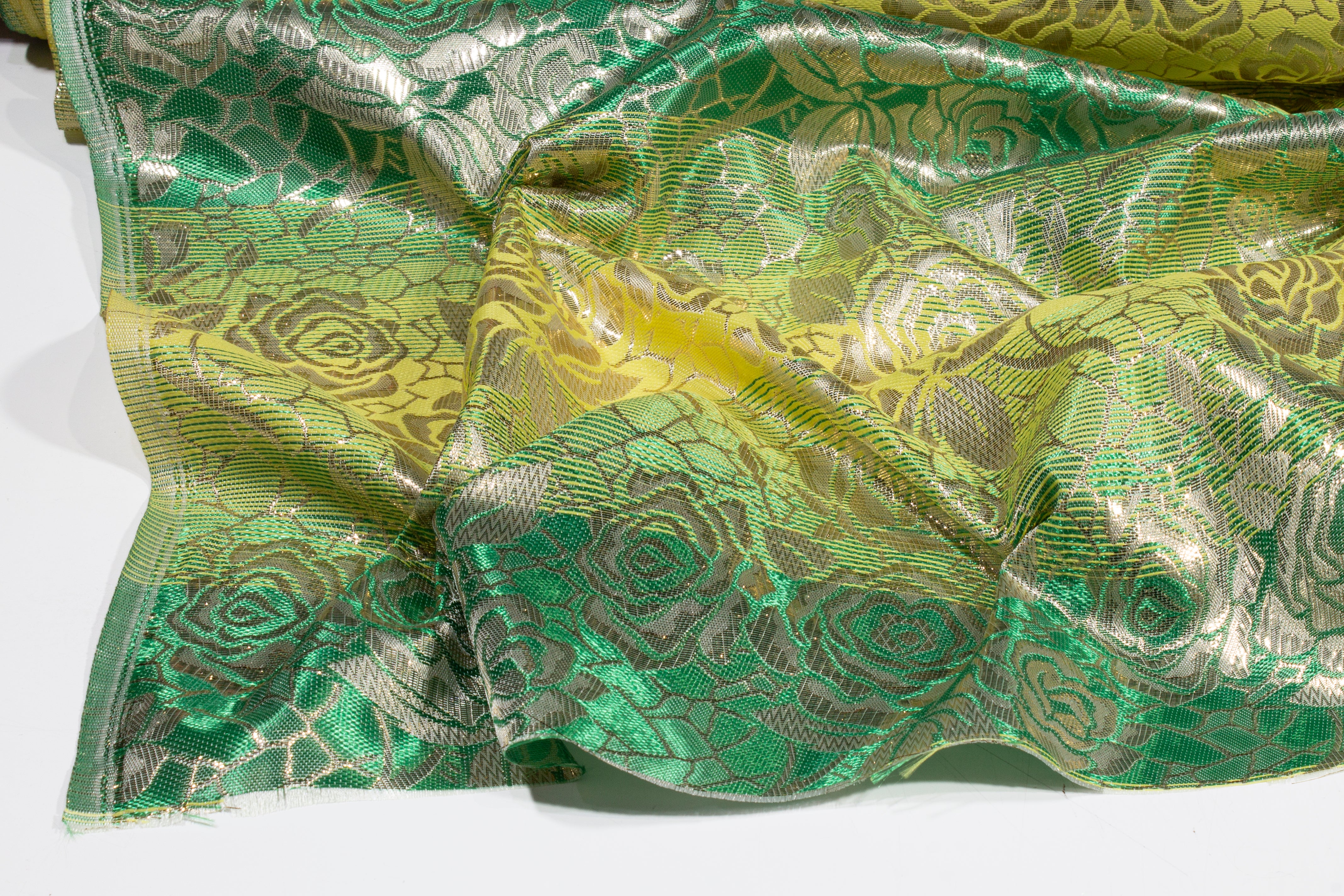 Floral Metallic Striped Brocade - Green / Yellow