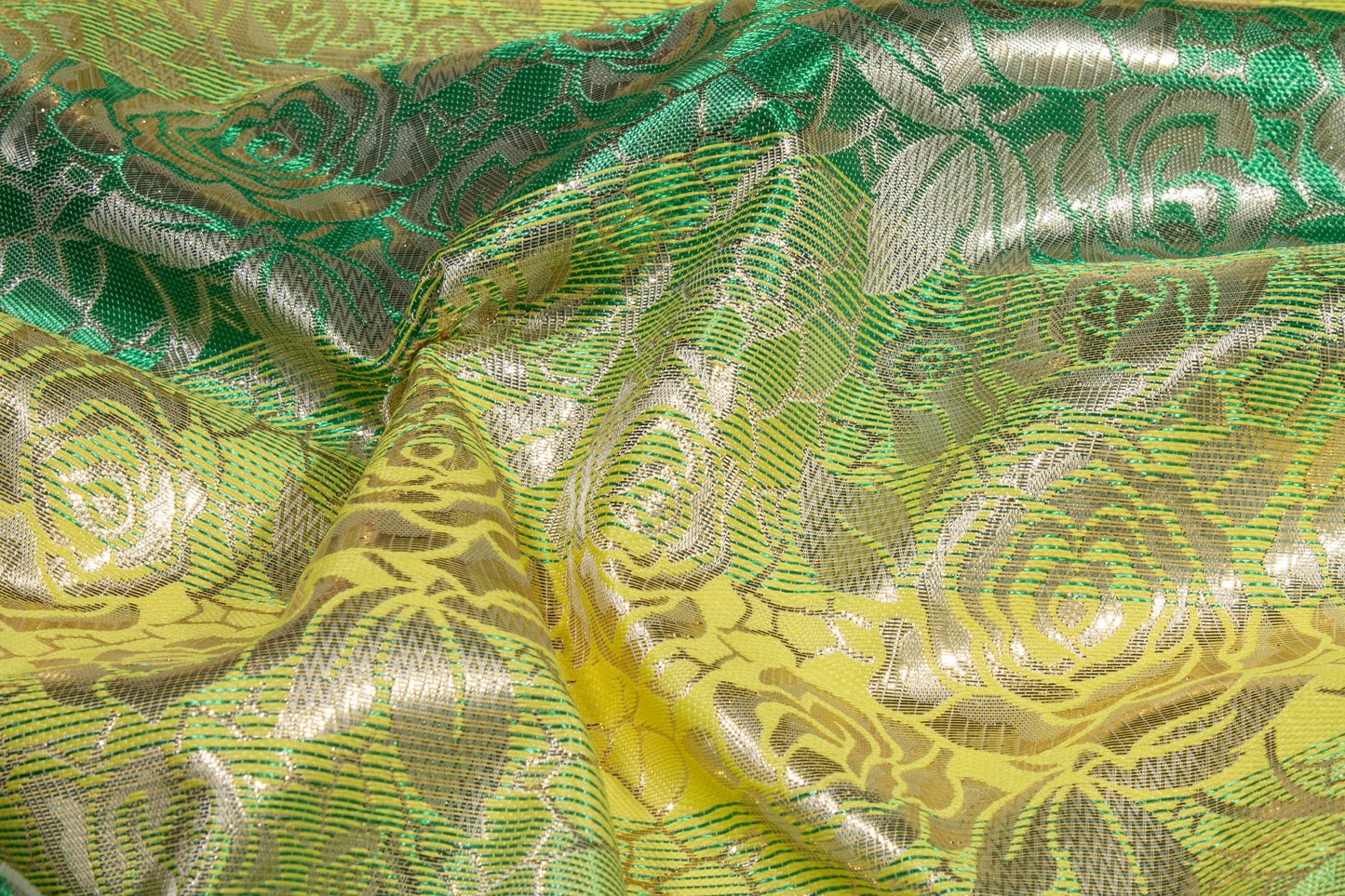 Floral Metallic Striped Brocade - Green / Yellow
