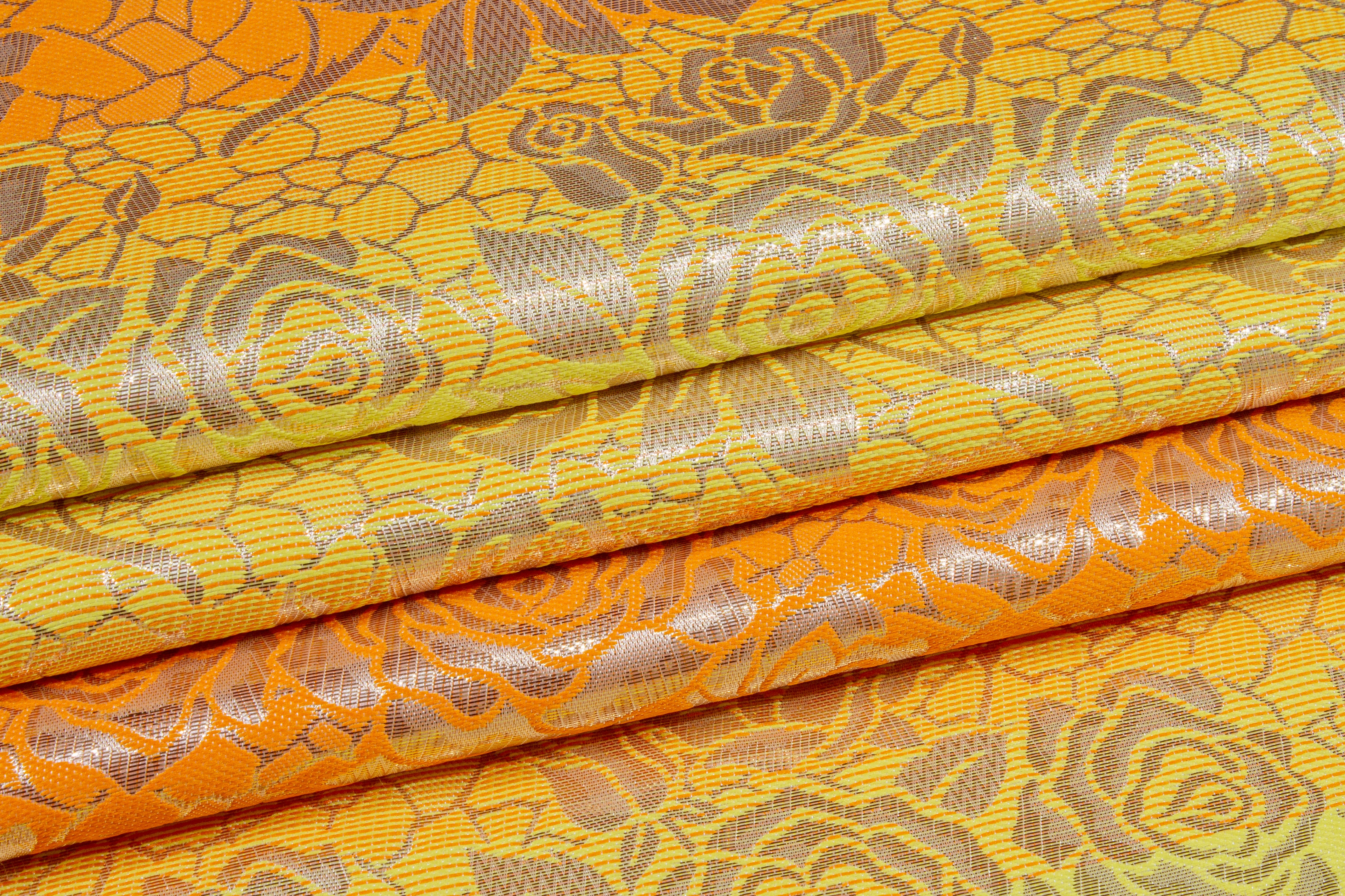 Floral Metallic Striped Brocade - Orange / Yellow