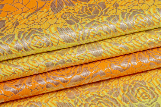 Floral Metallic Striped Brocade - Orange / Yellow