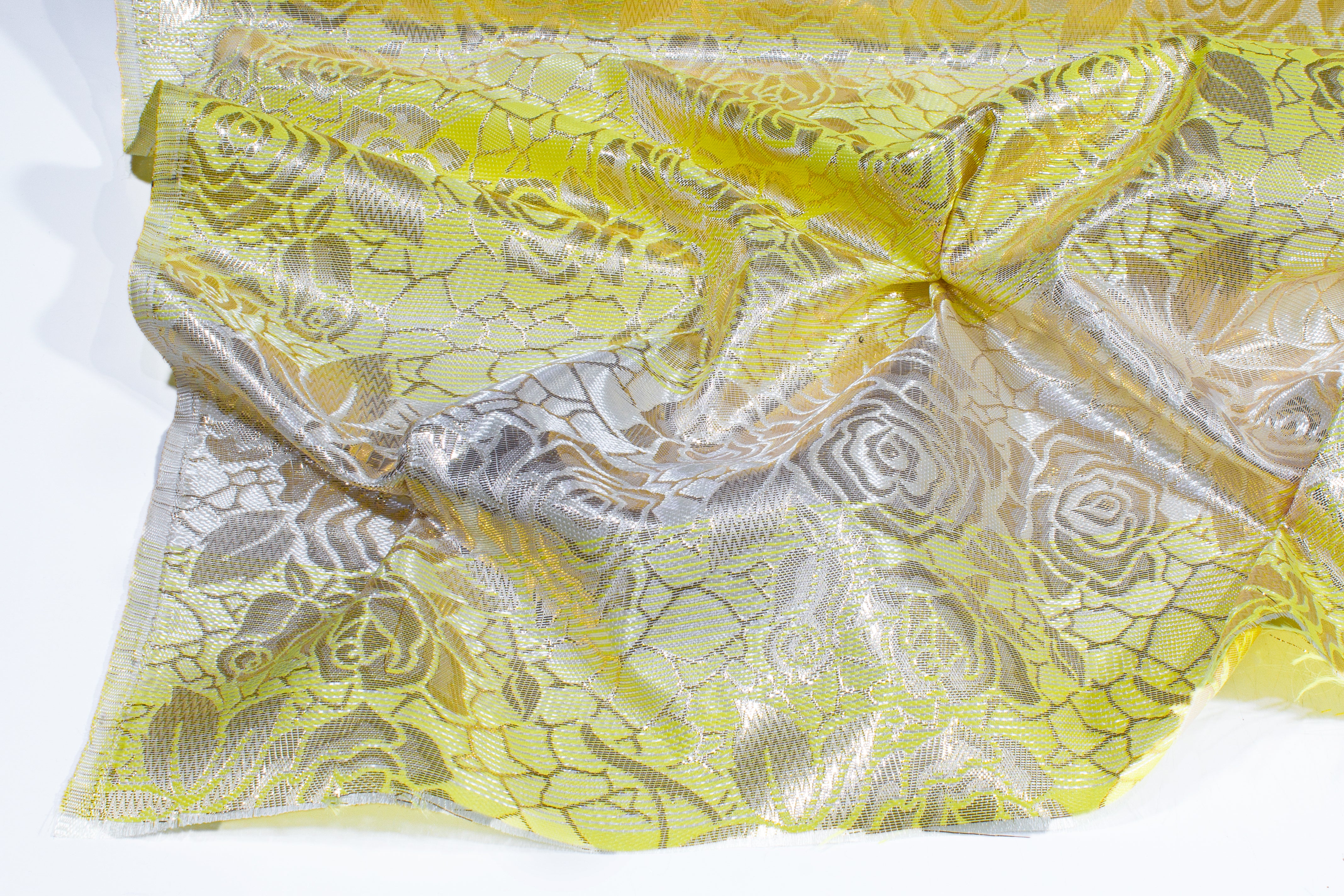 Floral Metallic Striped Brocade - Yellow / Silver