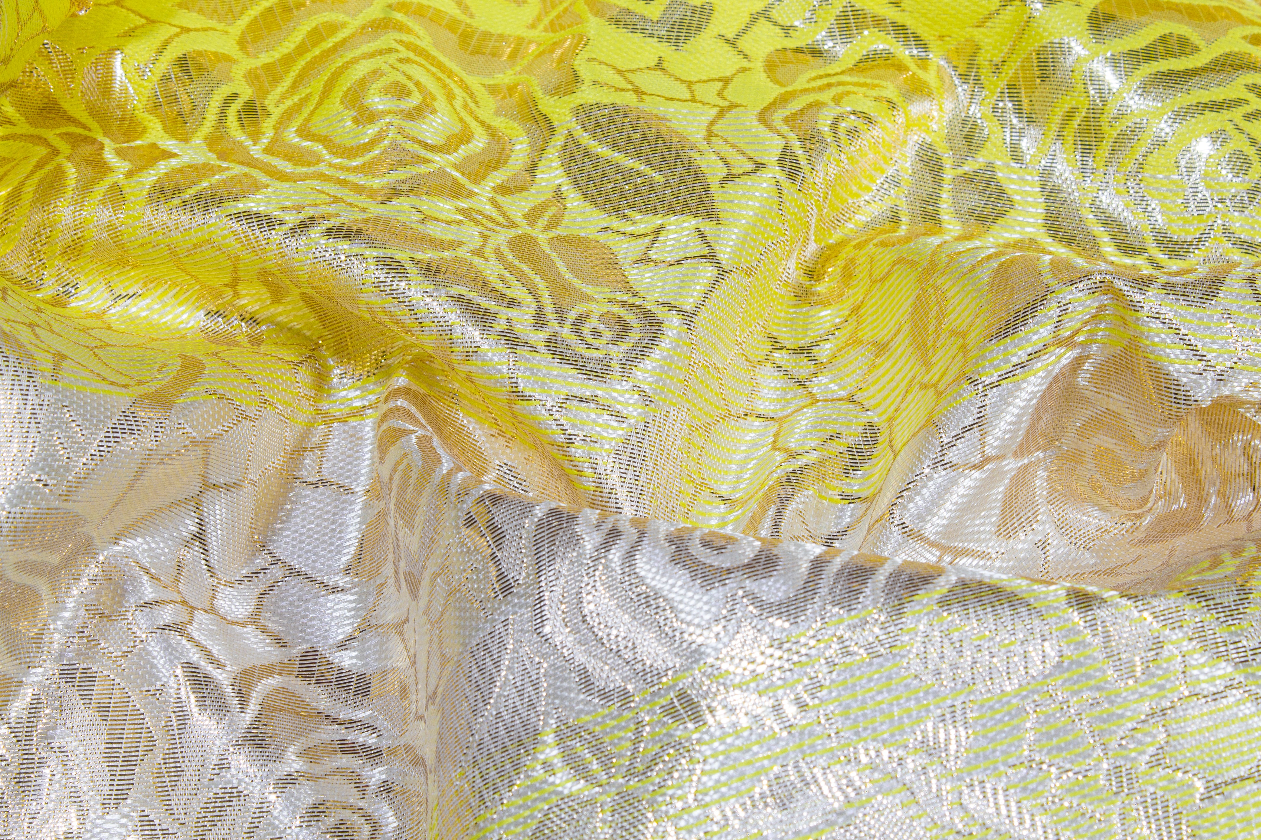 Floral Metallic Striped Brocade - Yellow / Silver