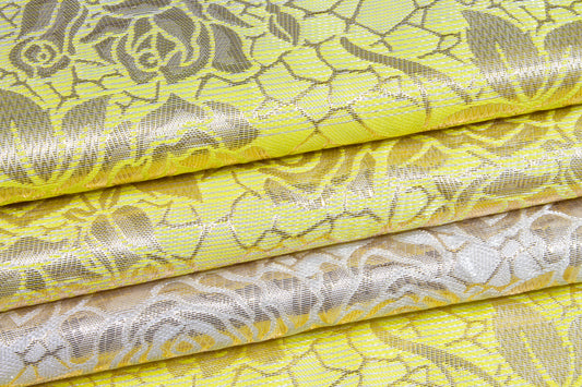 Floral Metallic Striped Brocade - Yellow / Silver