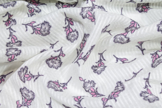 Striped and Floral Printed Cotton Voile - White