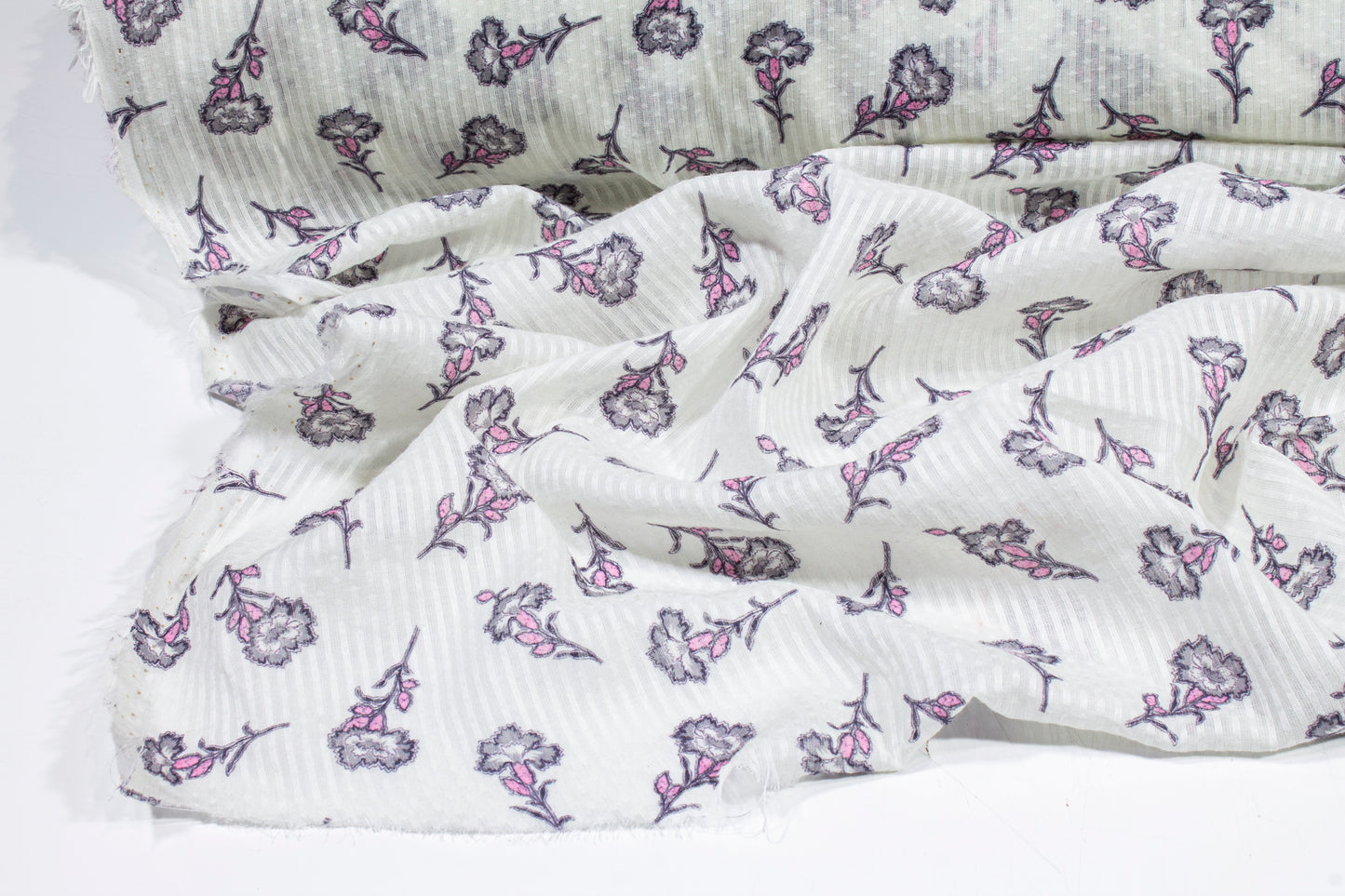 Striped and Floral Printed Cotton Voile - White