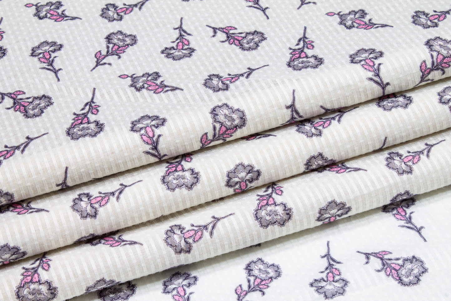 Striped and Floral Printed Cotton Voile - White