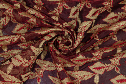 Embroidered and Beaded Silk Viscose Organza - Burgundy / Gold