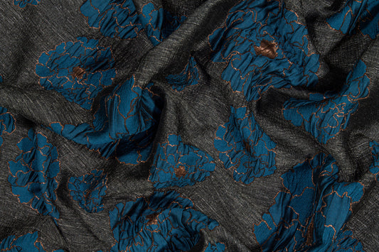 Floral Metallic Brocade - Blue, Charcoal, Bronze