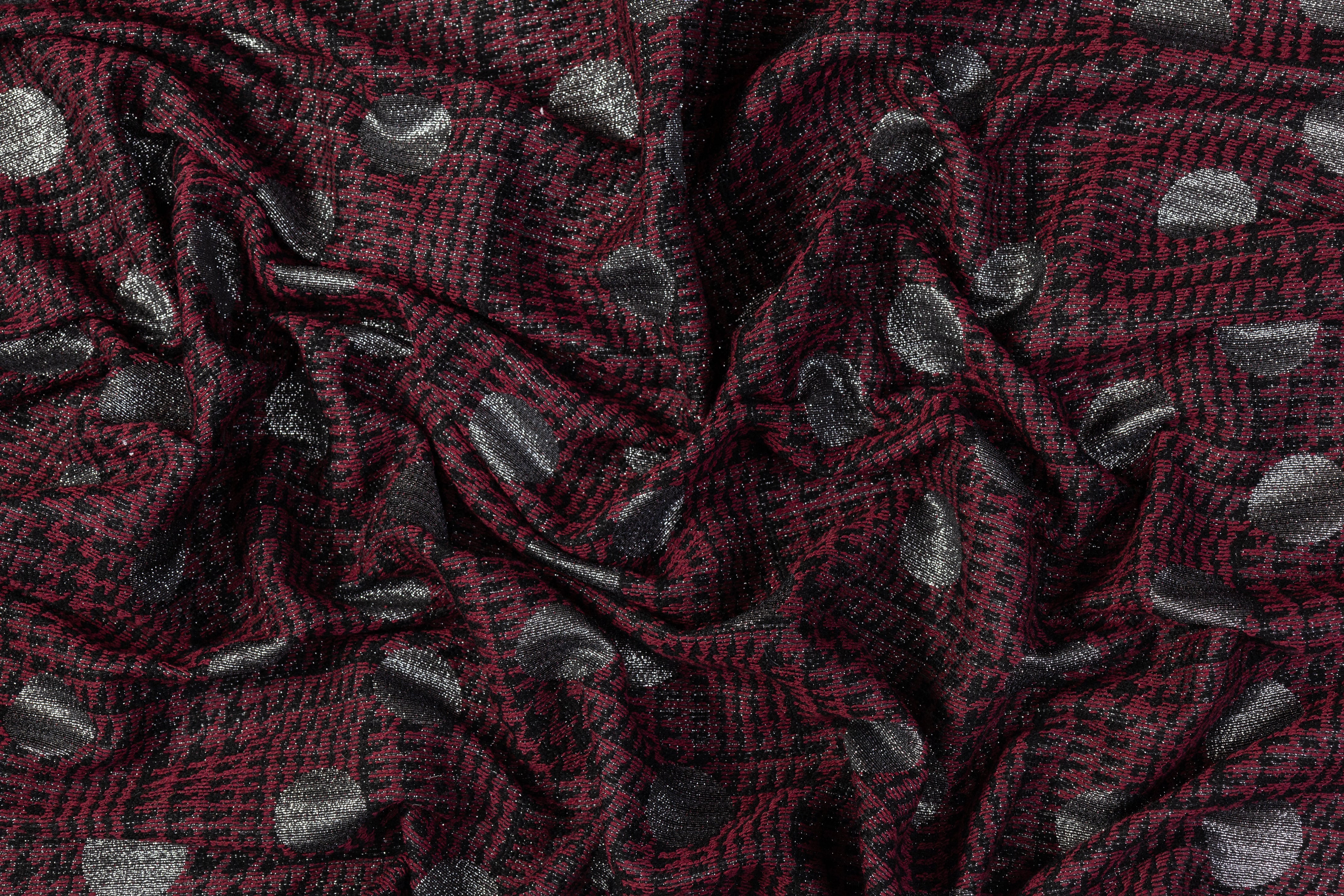 Metallic Houndstooth Cotton Wool Brocade - Burgundy
