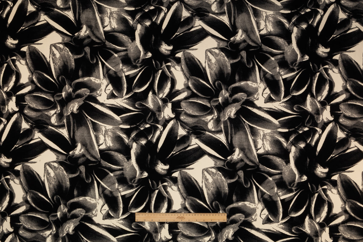 Floral Italian Flocked Crepe Back Satin - Black / Ivory