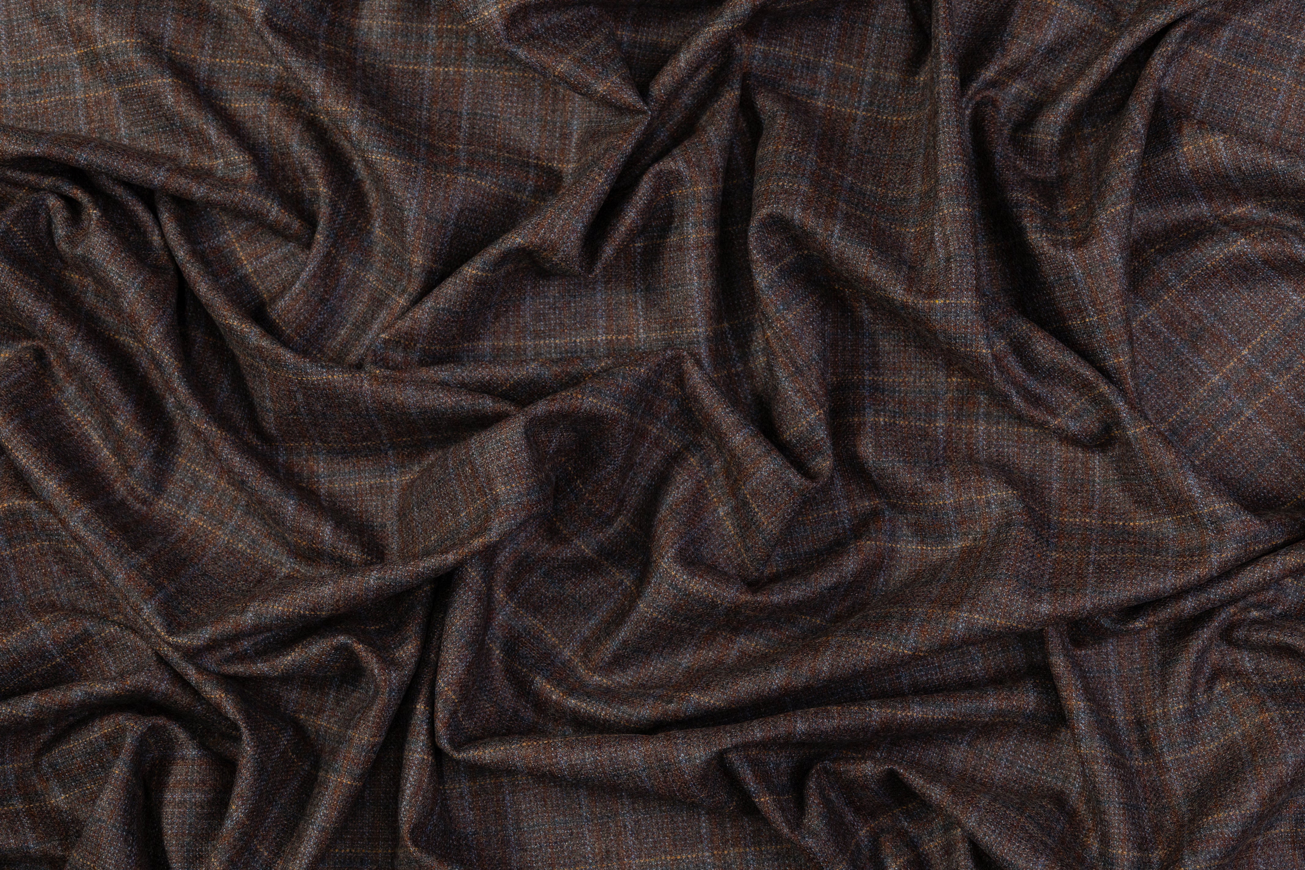 Checked Italian Wool Tweed Suiting - Brown