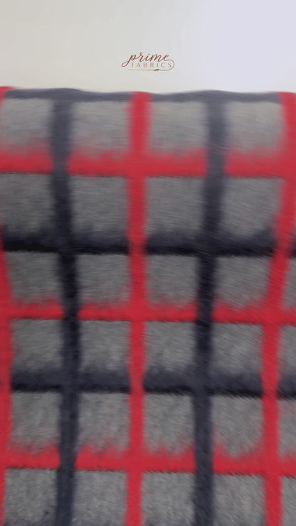 Windowpane Longhair Wool Blend Coating - Gray / Red / Navy