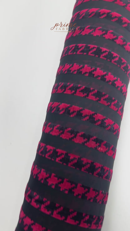 Houndstooth Striped Flocking Devore - Raspberry Pink / Black