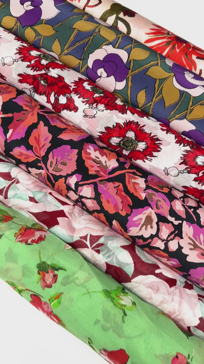 Red and Turquoise Floral Silk Chiffon