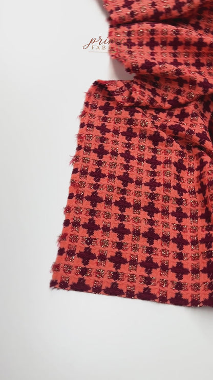 Metallic Italian Wool Blend Tweed - Peach / Burgundy