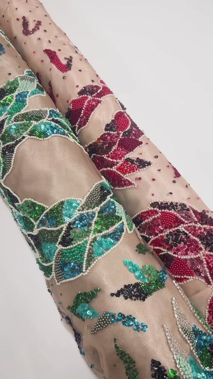 Snake Design Hand Beaded, Embroidered, and Sequined Mesh - Green/Teal