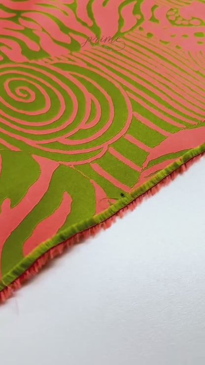 Abstract Tiger Italian Silk Blend Brocade - Green / Coral Pink