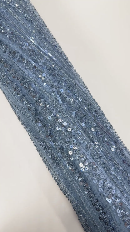 Beaded and Sequined Mesh - Stone Blue