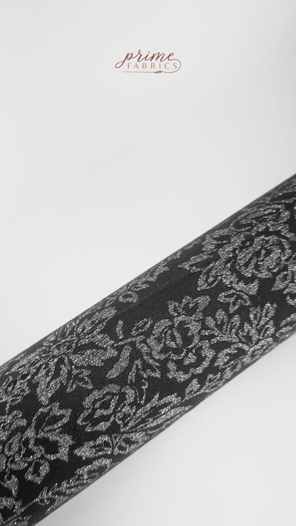 Double Faced Floral Metallic Cotton Denim - Black / Silver